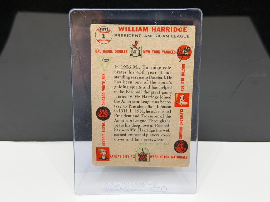 1956 TOPPS #1 WILLIAM HARRIDGE BASEBALL CARD - 6