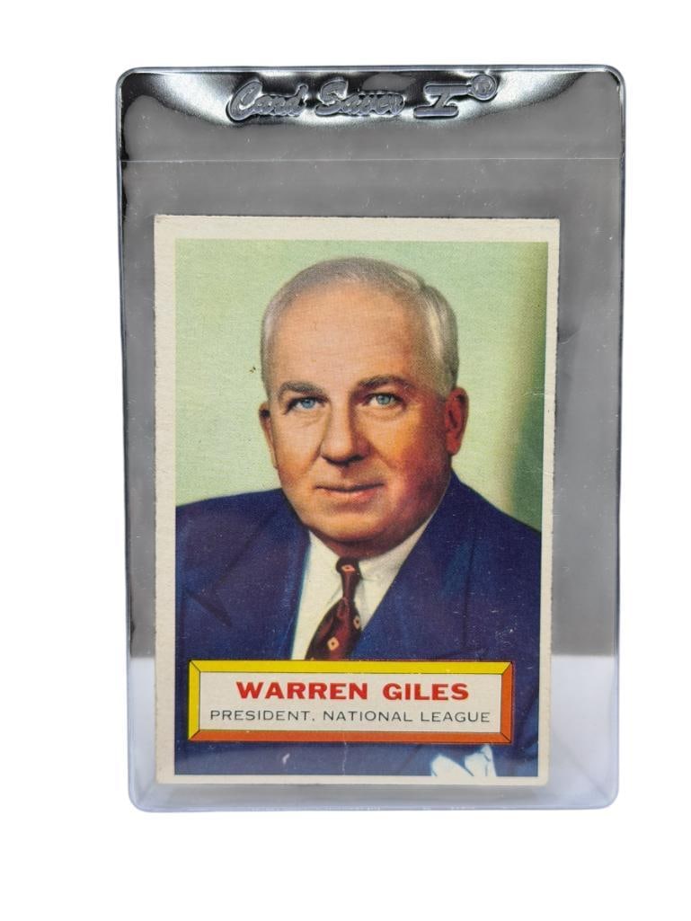 1956 TOPPS #2 WARREN GILES BASEBALL CARD: PRESIDENT OF NATIONAL LEAGUE, RARE CARD, SEE PHOTOS OF CONDITION, FROM THE ESTATE OF A LOCAL RENO, NV DOCTOR AT RENOWN WHO RAN BIG LEAGUE SPORTS MEDICINE BASEBALL CAMP FOR NEARLY 20 YEARS,