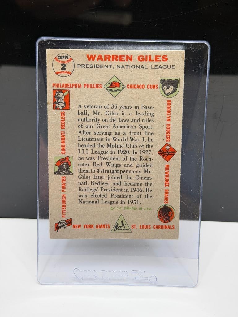 1956 TOPPS #2 WARREN GILES BASEBALL CARD - 6