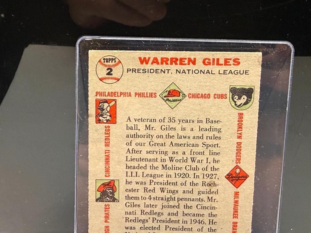 1956 TOPPS #2 WARREN GILES BASEBALL CARD - 7