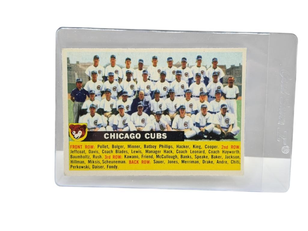 1956 TOPPS #11 CHICAGO CUBS TEAM BASEBALL CARD: RARE CARD, FEATURING ERNIE BANKS AND REST OF TEAM, SEE PHOTOS OF CONDITION, FROM THE ESTATE OF A LOCAL RENO, NV DOCTOR AT RENOWN WHO RAN BIG LEAGUE SPORTS MEDICINE BASEBALL CAMP FOR NEARLY 20