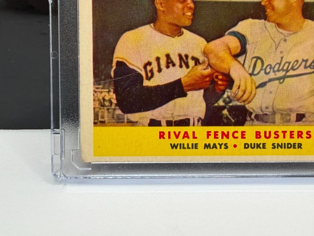 1958 TOPPS #436 RIVAL FENCE BUSTERS WILLIE MAYS DUKE SNIDER BASEBALL CARD - 3