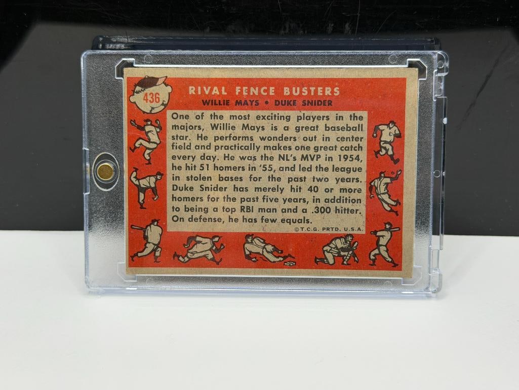 1958 TOPPS #436 RIVAL FENCE BUSTERS WILLIE MAYS DUKE SNIDER BASEBALL CARD - 5