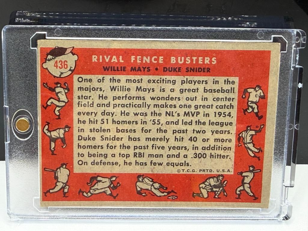 1958 TOPPS #436 RIVAL FENCE BUSTERS WILLIE MAYS DUKE SNIDER BASEBALL CARD - 6