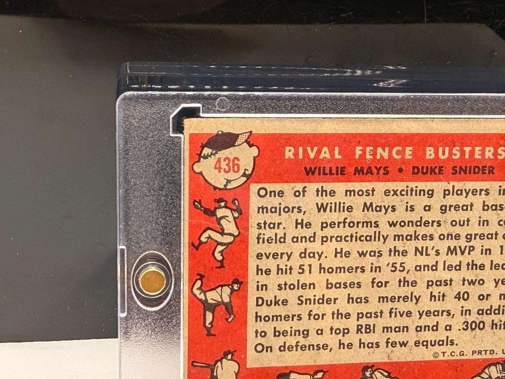 1958 TOPPS #436 RIVAL FENCE BUSTERS WILLIE MAYS DUKE SNIDER BASEBALL CARD - 7