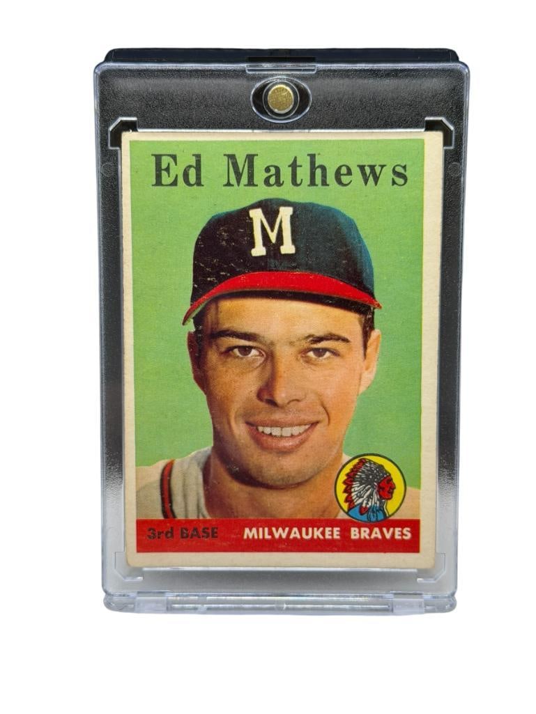 1958 TOPPS #440 ED MATHEWS BASEBALL CARD: MILWAUKEE BRAVES, RARE CARD, SEE PHOTOS OF CONDITION, FROM THE ESTATE OF A LOCAL RENO, NV DOCTOR AT RENOWN WHO RAN BIG LEAGUE SPORTS MEDICINE BASEBALL CAMP FOR NEARLY 20 YEARS, DOCTOR JOHN