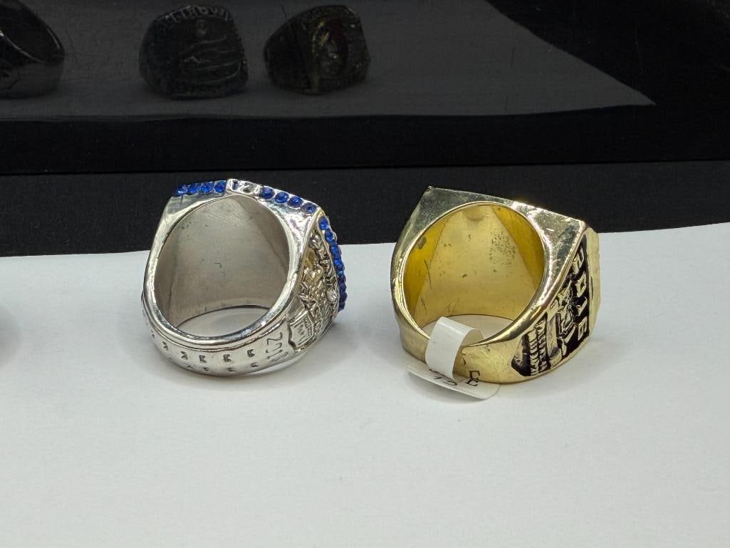 THREE NFL CHAMPIONSHIP REPLICA RINGS INCLUDING SEATLE SEAHAWKS SUPER BOWL REPLICA FROM 2013 - 10