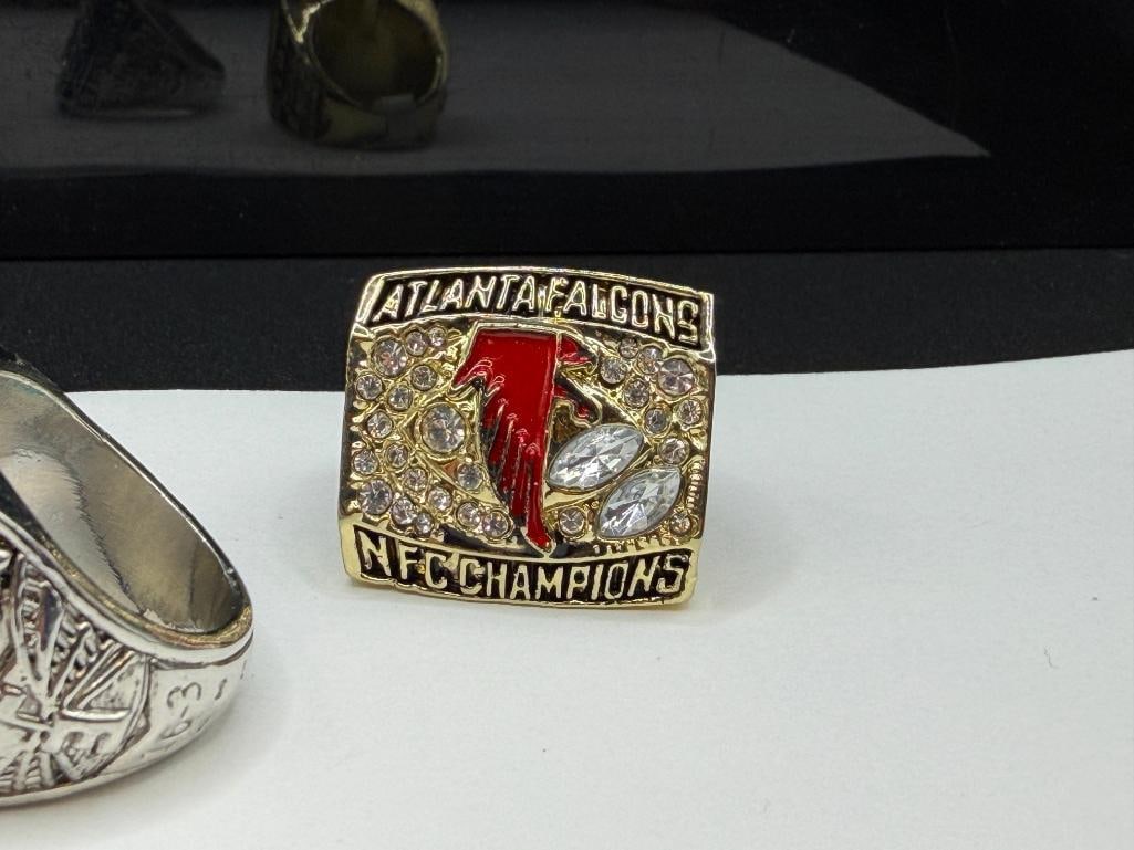 THREE NFL CHAMPIONSHIP REPLICA RINGS INCLUDING SEATLE SEAHAWKS SUPER BOWL REPLICA FROM 2013 - 6