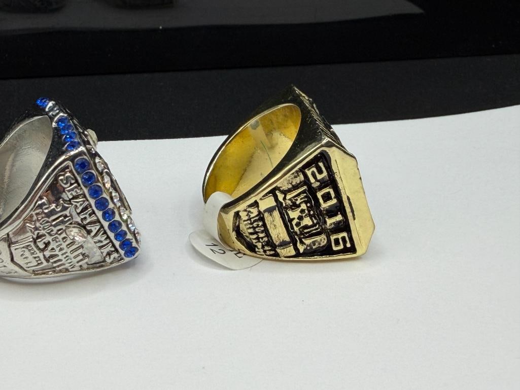 THREE NFL CHAMPIONSHIP REPLICA RINGS INCLUDING SEATLE SEAHAWKS SUPER BOWL REPLICA FROM 2013 - 9