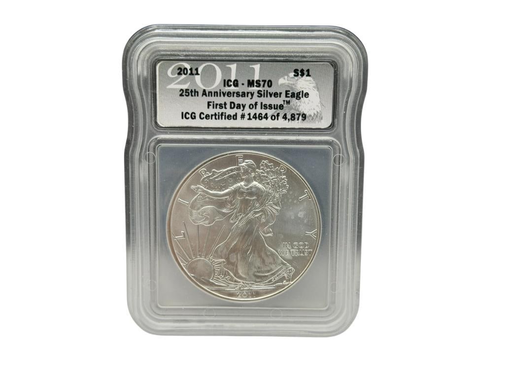 2011 U.S. AMERICAN SILVER EAGLE .999 FINE SILVER DOLLAR ICG MS70 25TH ANNIVERSARY (1 of 8)