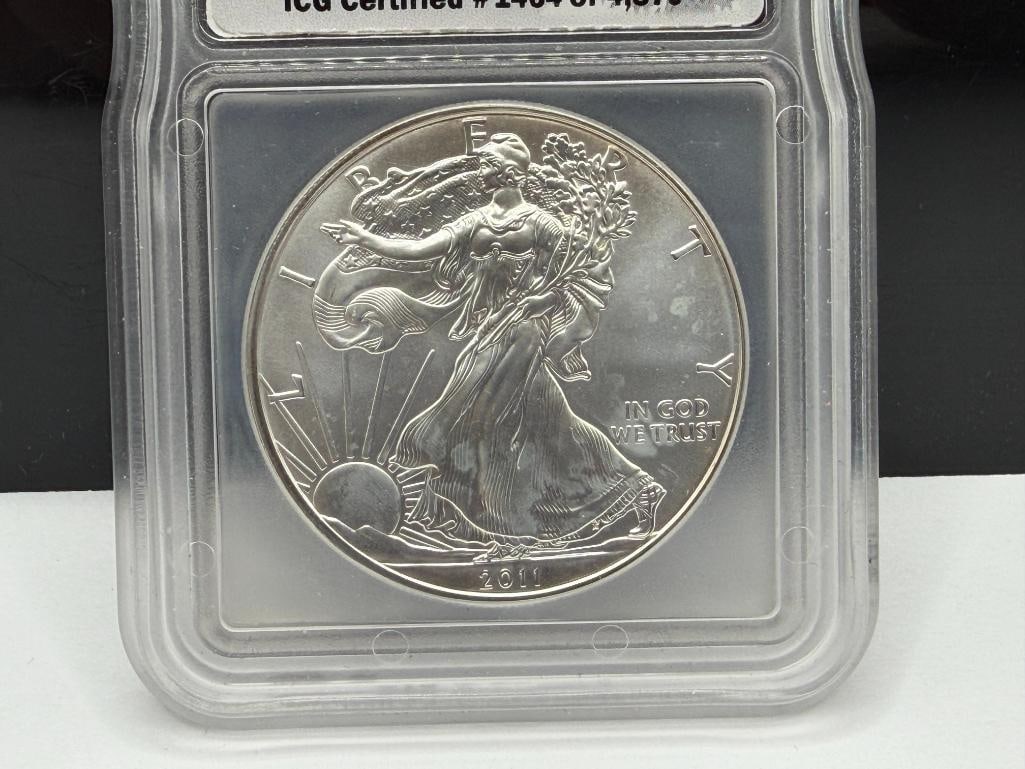 2011 U.S. AMERICAN SILVER EAGLE .999 FINE SILVER DOLLAR ICG MS70 25TH ANNIVERSARY - 2