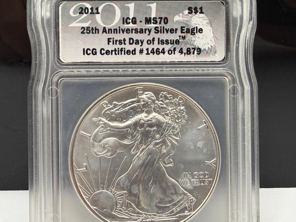 2011 U.S. AMERICAN SILVER EAGLE .999 FINE SILVER DOLLAR ICG MS70 25TH ANNIVERSARY - 3