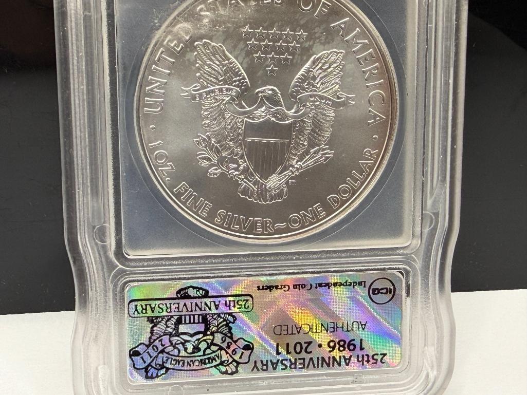 2011 U.S. AMERICAN SILVER EAGLE .999 FINE SILVER DOLLAR ICG MS70 25TH ANNIVERSARY - 7