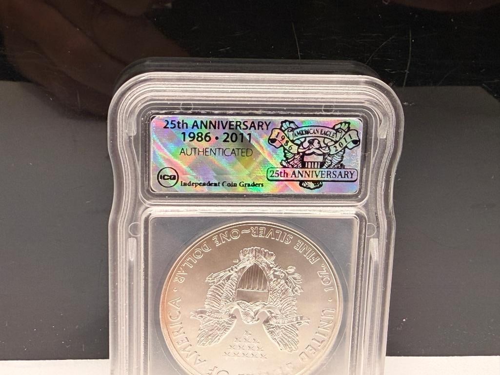 2011 U.S. AMERICAN SILVER EAGLE .999 FINE SILVER DOLLAR ICG MS70 25TH ANNIVERSARY - 8