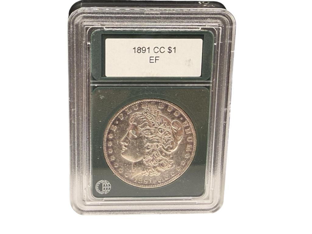 1891-CC U.S. MORGAN SILVER DOLLAR: 90% SILVER, IN SLAB BY GSA "EF"