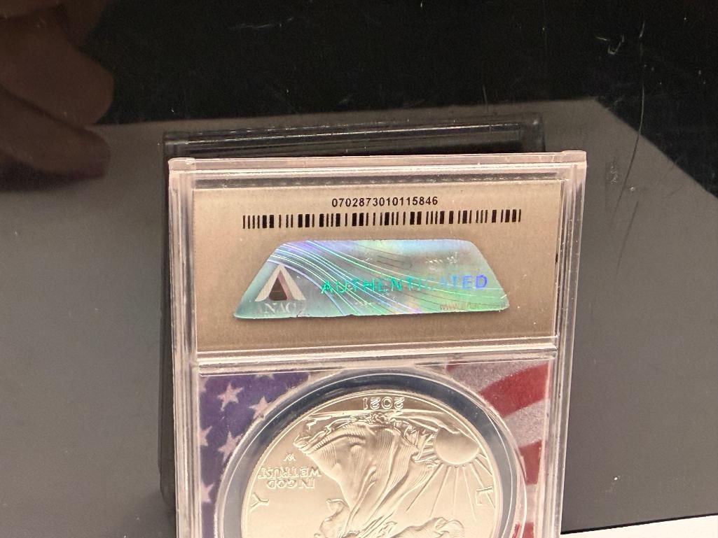 2021 U.S. AMERICAN SILVER EAGLE .999 FINE SILVER DOLLAR ANACS MS70 TYPE II - 10