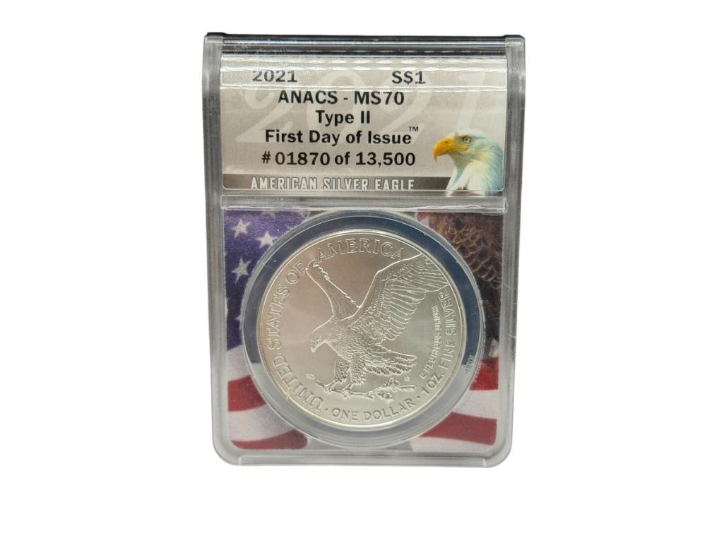 2021 U.S. AMERICAN SILVER EAGLE .999 FINE SILVER DOLLAR ANACS MS70 TYPE II: FIRST DAY OF ISSUE, #01870 OF 13,500 1 TROY OUNCE