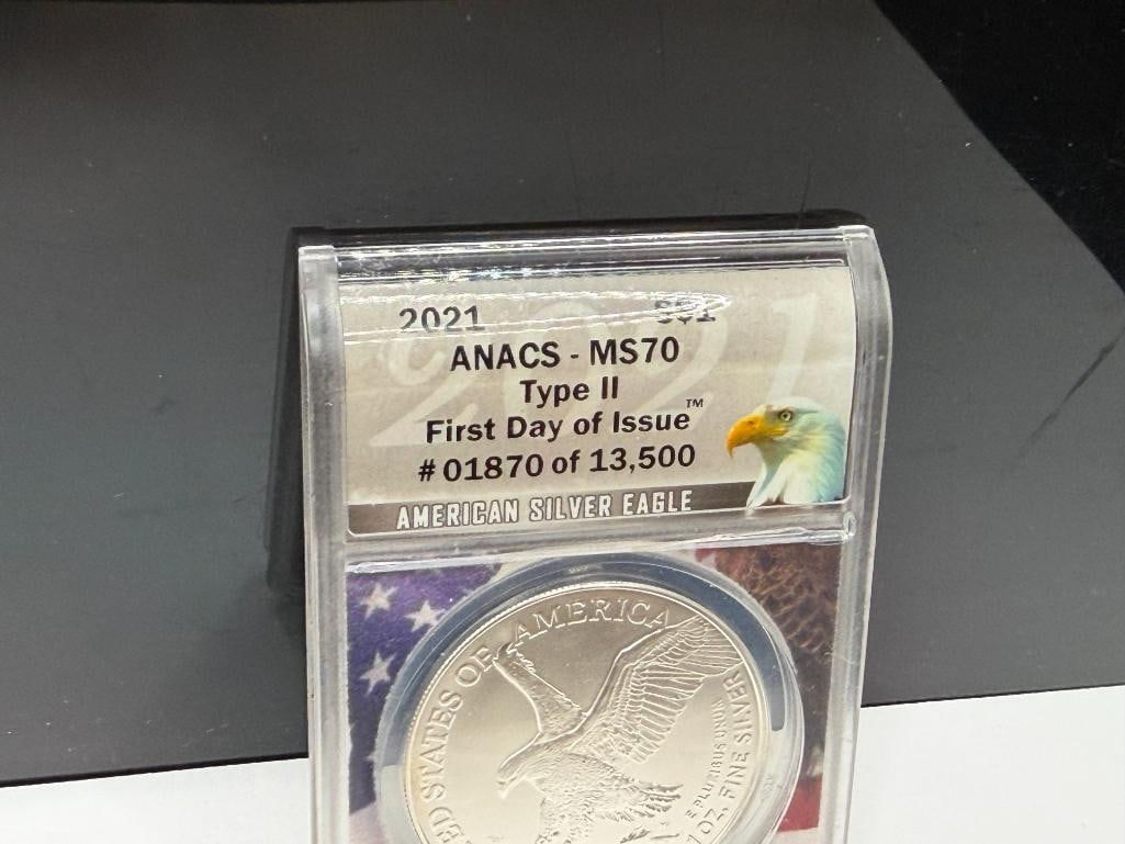 2021 U.S. AMERICAN SILVER EAGLE .999 FINE SILVER DOLLAR ANACS MS70 TYPE II - 5