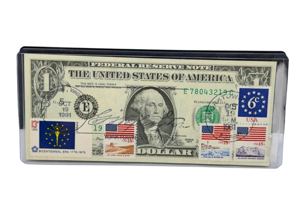 SIGNED FIRST DAY STAMP COVER 1977 $1 CURRENCY NOTE IN UNCIRCULATED CONDITION: FEATURING STAMPS AND SIGNATURE "OCT 19 1981"