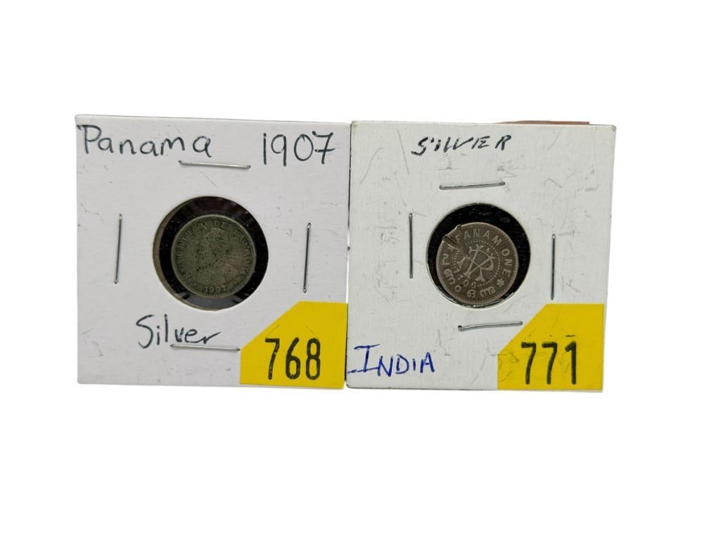 1907 PANAMA MEDIO CENTESIMO DE BALBOA COIN AND 1931 INDIA FANAM SILVER COIN (1 of 5)