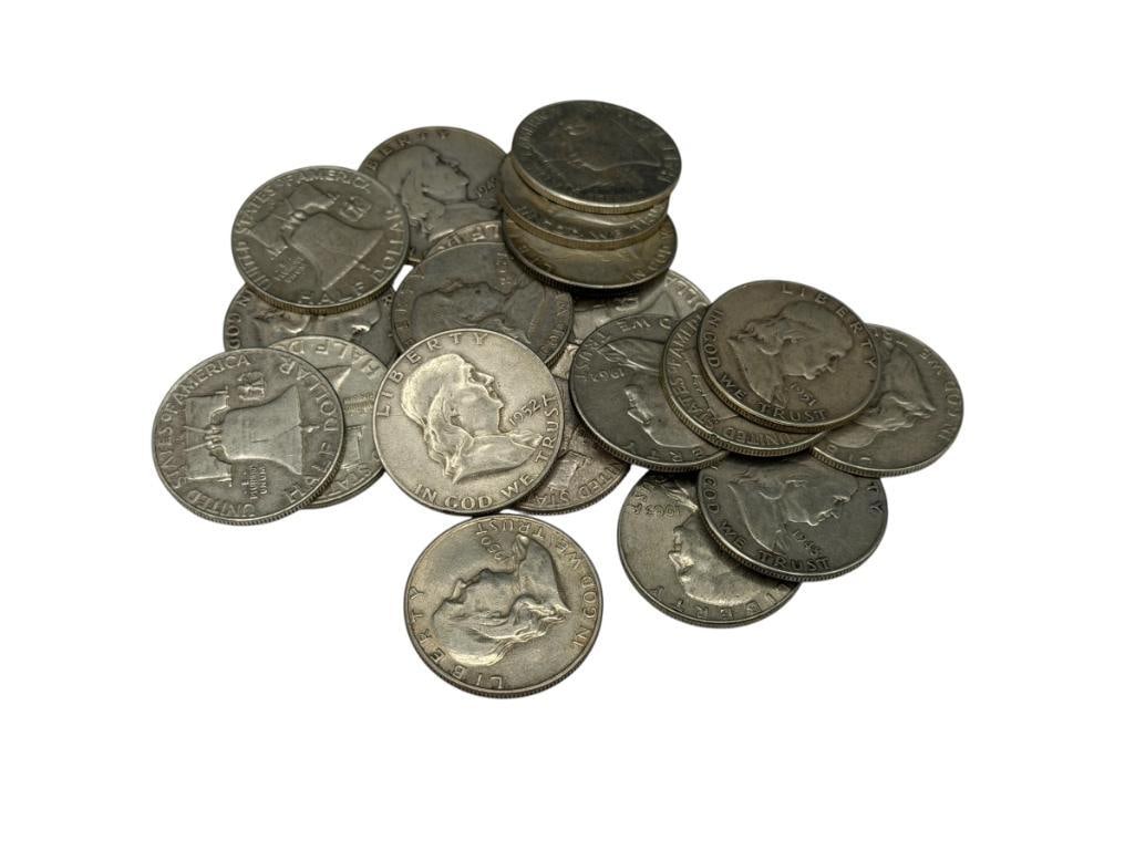 $10 ROLL OF U.S. FRANKLIN SILVER HALF DOLLARS FEATURING VARIOUS YEARS AND MINT MARKS (1 of 9)