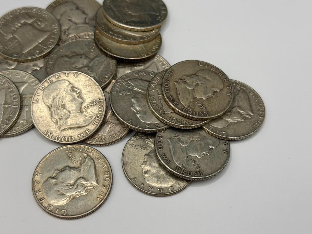 $10 ROLL OF U.S. FRANKLIN SILVER HALF DOLLARS FEATURING VARIOUS YEARS AND MINT MARKS - 2