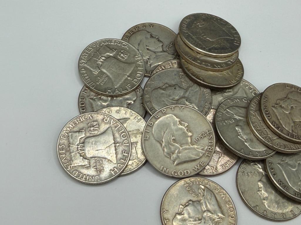 $10 ROLL OF U.S. FRANKLIN SILVER HALF DOLLARS FEATURING VARIOUS YEARS AND MINT MARKS - 3
