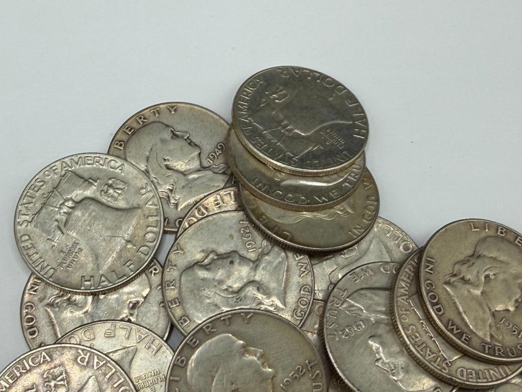 $10 ROLL OF U.S. FRANKLIN SILVER HALF DOLLARS FEATURING VARIOUS YEARS AND MINT MARKS - 4