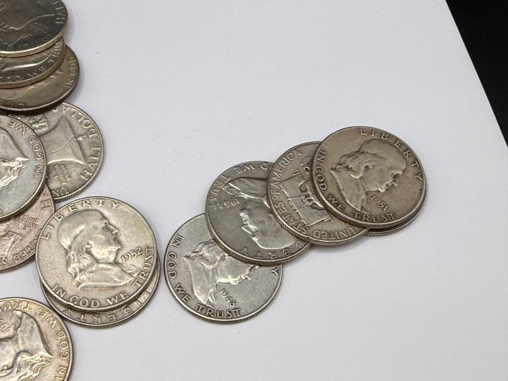 $10 ROLL OF U.S. FRANKLIN SILVER HALF DOLLARS FEATURING VARIOUS YEARS AND MINT MARKS - 5