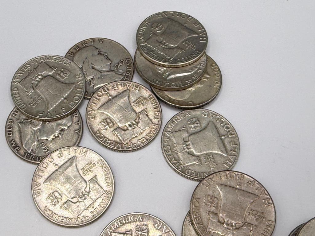 $10 ROLL OF U.S. FRANKLIN SILVER HALF DOLLARS FEATURING VARIOUS YEARS AND MINT MARKS - 6
