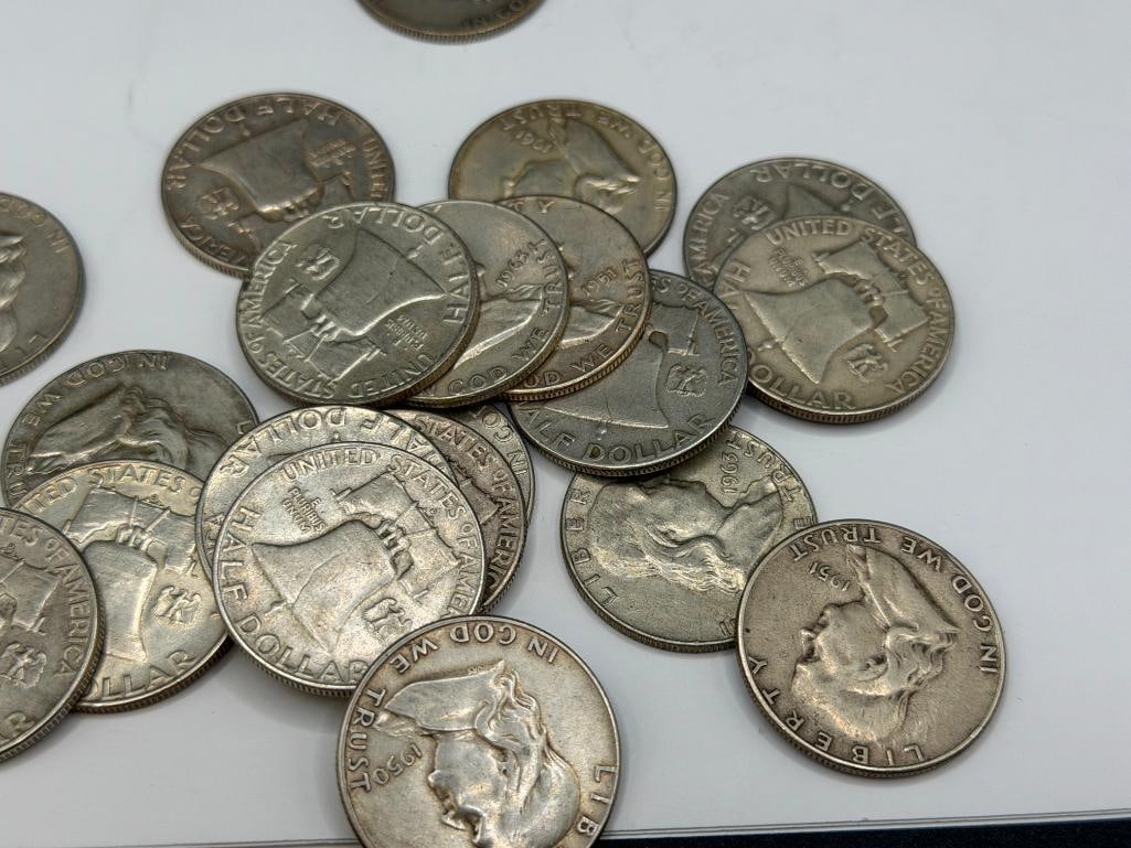 $10 ROLL OF U.S. FRANKLIN SILVER HALF DOLLARS FEATURING VARIOUS YEARS AND MINT MARKS - 7