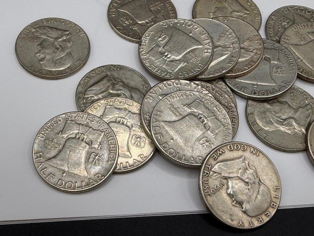 $10 ROLL OF U.S. FRANKLIN SILVER HALF DOLLARS FEATURING VARIOUS YEARS AND MINT MARKS - 8