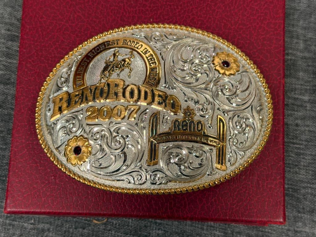 2007 RENO RODEO LIMITED EDITION BEJEWELED AND ENGRAVED BELT BUCKLE BY GIST SILVERSMITHS NO. 239/500 - 2