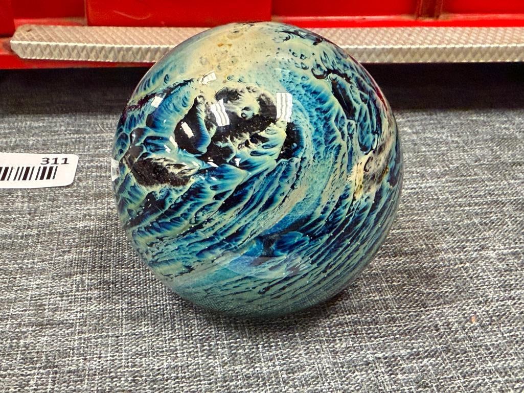 JOSH SIMPSON STUDIO ART GLASS HAND BLOWN PAPERWEIGHT PLANET DESIGN WITH WAVE IMAGERY - 2