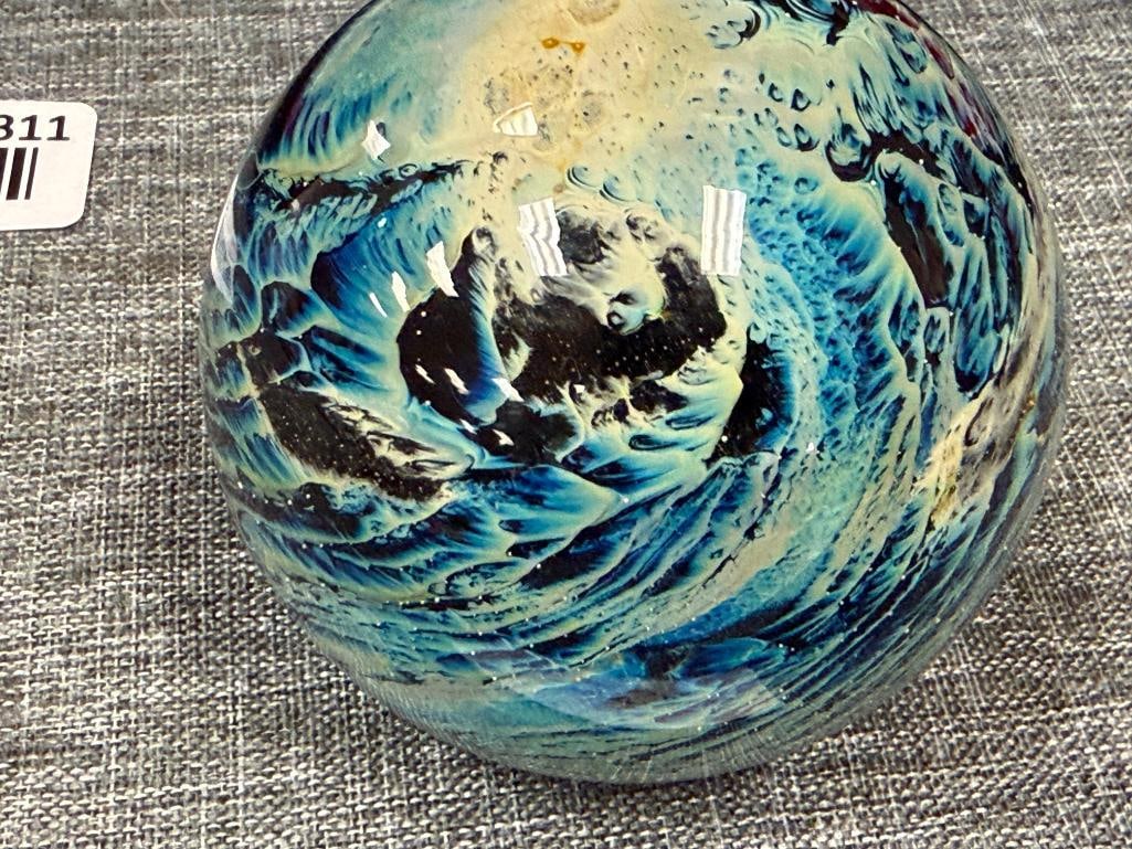JOSH SIMPSON STUDIO ART GLASS HAND BLOWN PAPERWEIGHT PLANET DESIGN WITH WAVE IMAGERY - 3