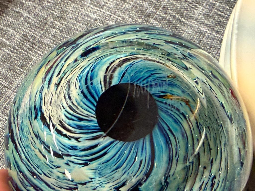 JOSH SIMPSON STUDIO ART GLASS HAND BLOWN PAPERWEIGHT PLANET DESIGN WITH WAVE IMAGERY - 4