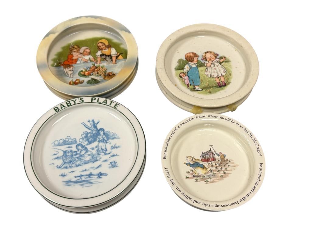 FOUR VINTAGE CHILDRENS BABY BOWLS WEDGWOOD, BUFFALO POTTERY, H & CO. BAVARIA, AND CROWN CHINA`: THREE PLATES HAVE IMAGERY OF CHILDREN, AND PETER RABBIT BOWL, ALL SHOW WEAR, NO CHIPS OR CRACKS 6 1/2" UP TO 7 5/8" ROUND