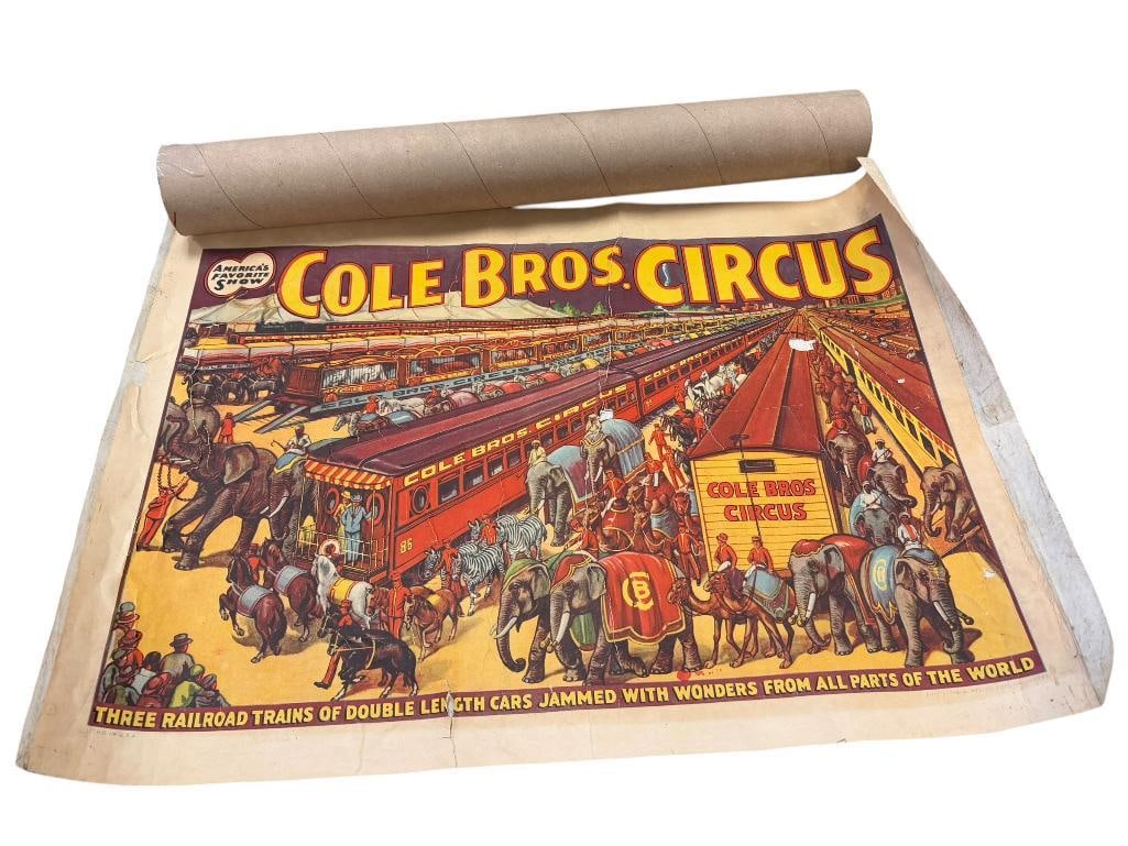 ANTIQUE 1930'S COLE BROS. CIRCUS LITHOGRAPH POSTER ADVERTISING RAILROAD TRAINS CARRYING CIRCUS (1 of 10)