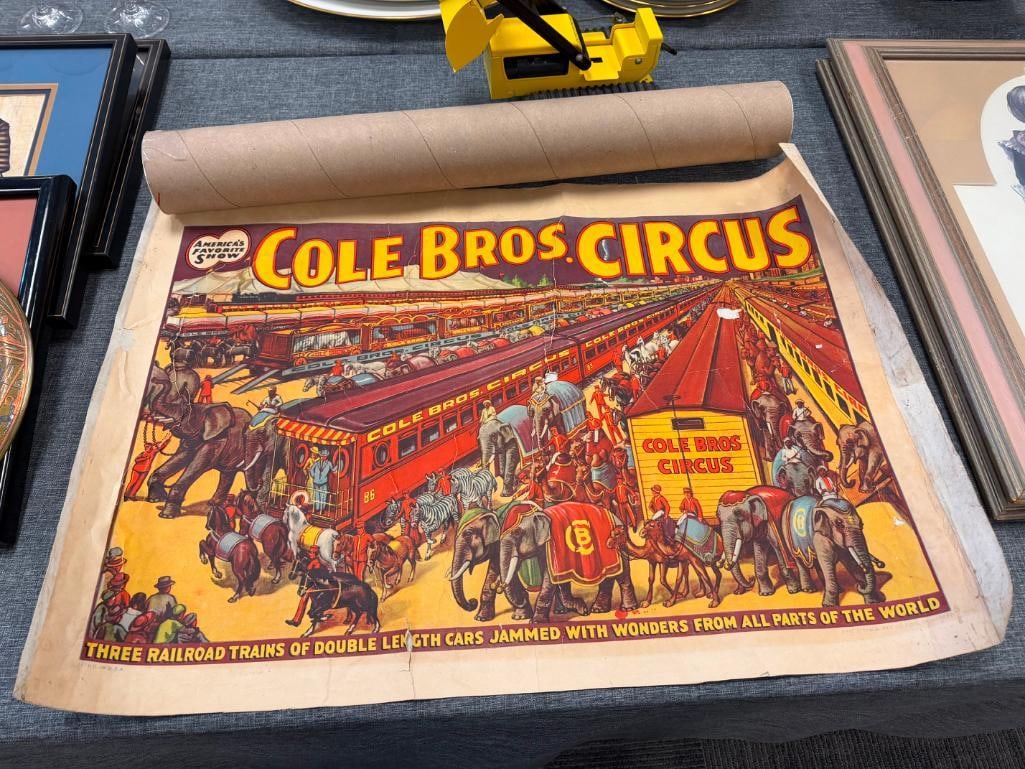 ANTIQUE 1930'S COLE BROS. CIRCUS LITHOGRAPH POSTER ADVERTISING RAILROAD TRAINS CARRYING CIRCUS - 2