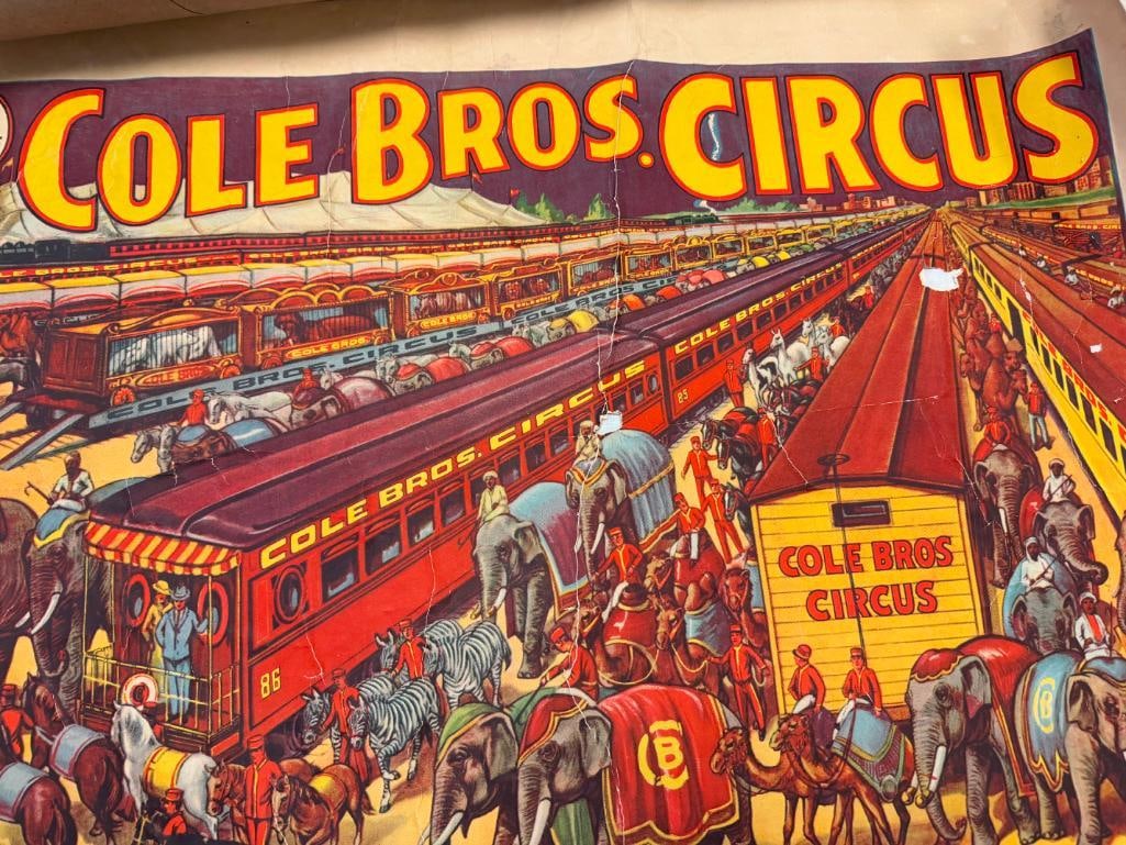 ANTIQUE 1930'S COLE BROS. CIRCUS LITHOGRAPH POSTER ADVERTISING RAILROAD TRAINS CARRYING CIRCUS - 9