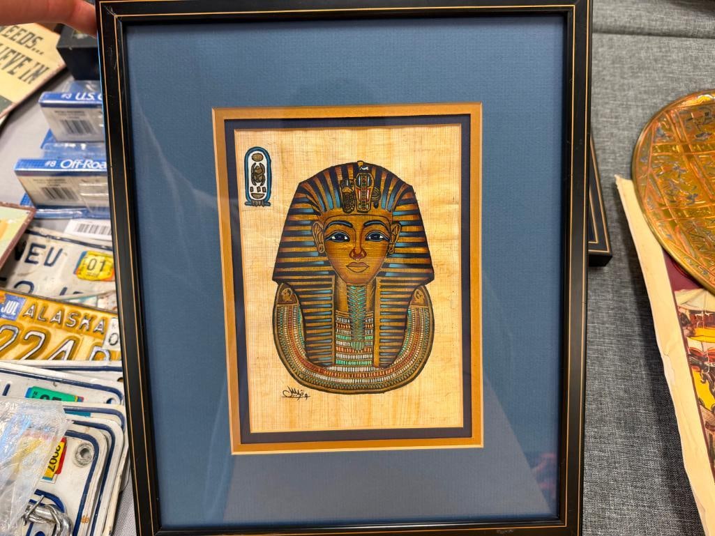 FOUR DEGYPTIAN THEMED COLLECTIBLES INCLUDING THREE PAPYRUS ART PIECES AND BRASS HIEROGLYPH PLATE - 11