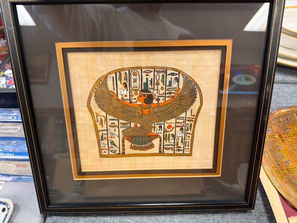 FOUR DEGYPTIAN THEMED COLLECTIBLES INCLUDING THREE PAPYRUS ART PIECES AND BRASS HIEROGLYPH PLATE - 15