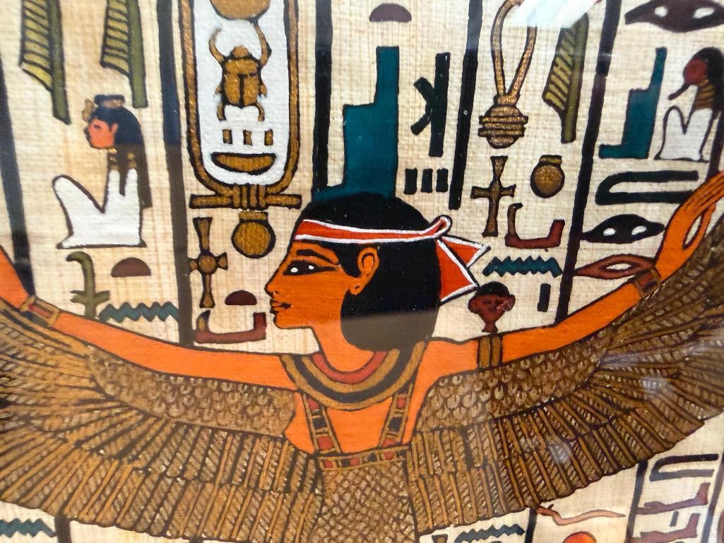 FOUR DEGYPTIAN THEMED COLLECTIBLES INCLUDING THREE PAPYRUS ART PIECES AND BRASS HIEROGLYPH PLATE - 16
