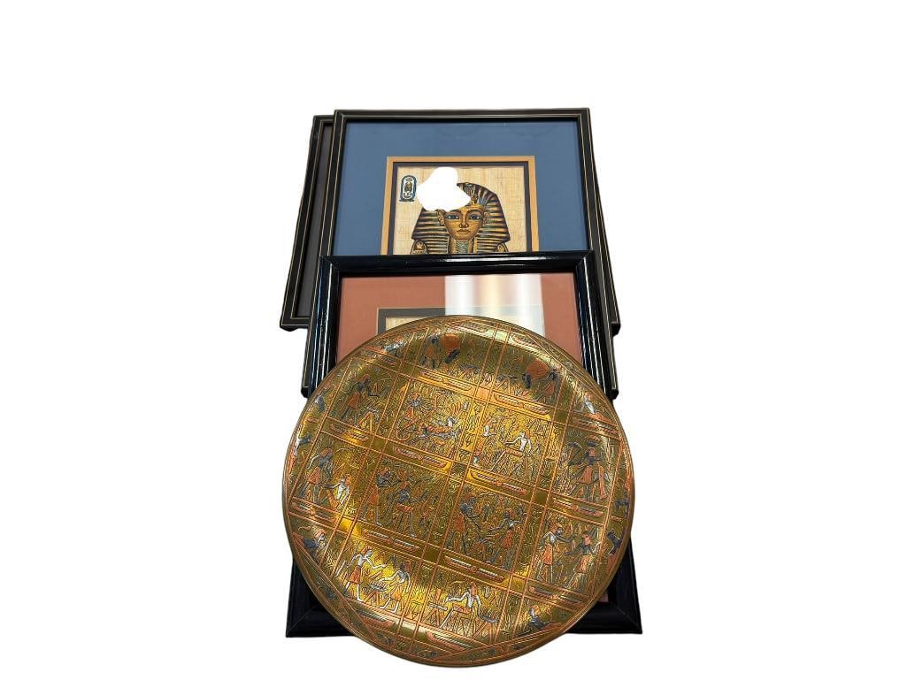 FOUR DEGYPTIAN THEMED COLLECTIBLES INCLUDING THREE PAPYRUS ART PIECES AND BRASS HIEROGLYPH PLATE (1 of 16)