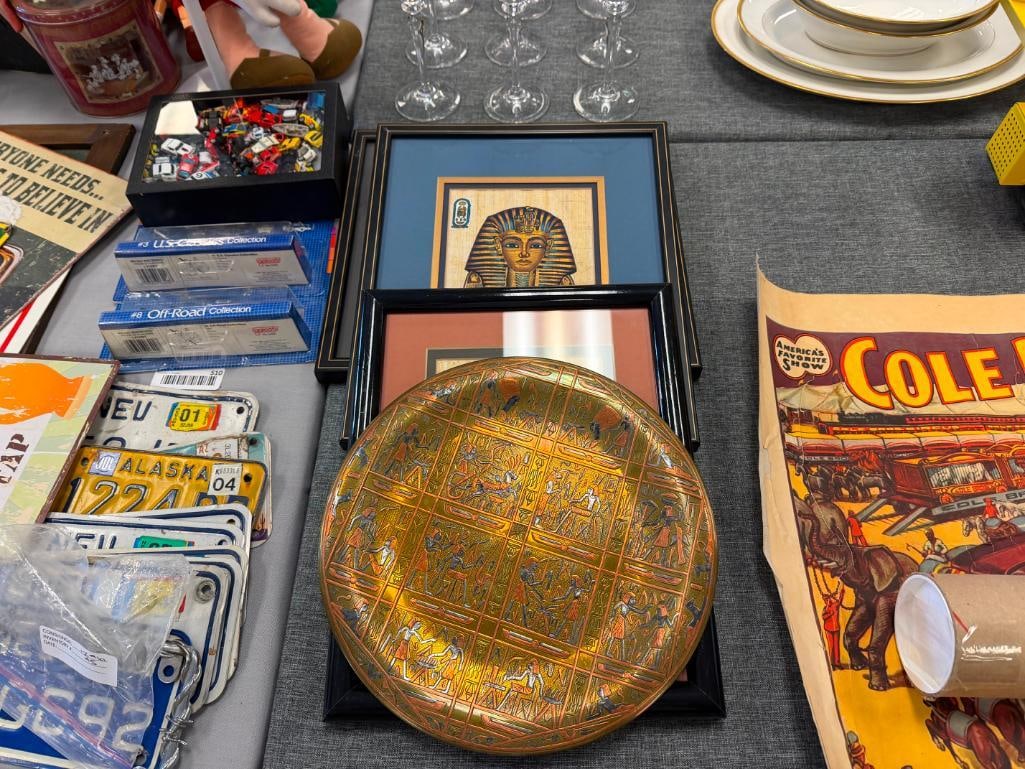 FOUR DEGYPTIAN THEMED COLLECTIBLES INCLUDING THREE PAPYRUS ART PIECES AND BRASS HIEROGLYPH PLATE - 2