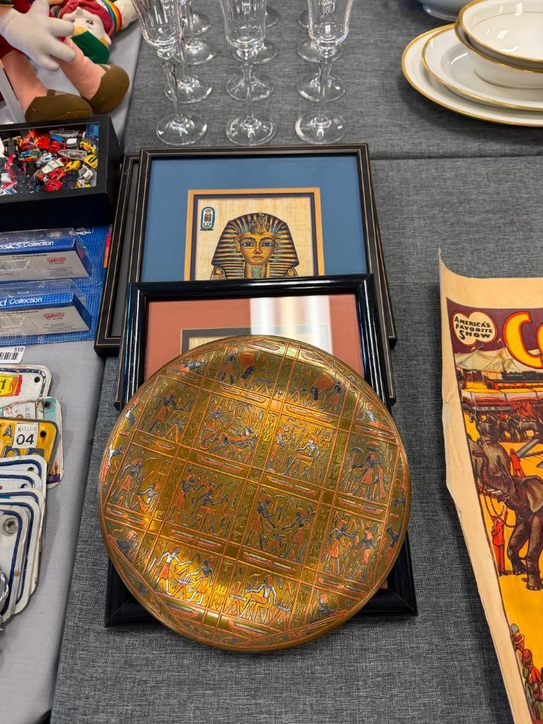 FOUR DEGYPTIAN THEMED COLLECTIBLES INCLUDING THREE PAPYRUS ART PIECES AND BRASS HIEROGLYPH PLATE - 3