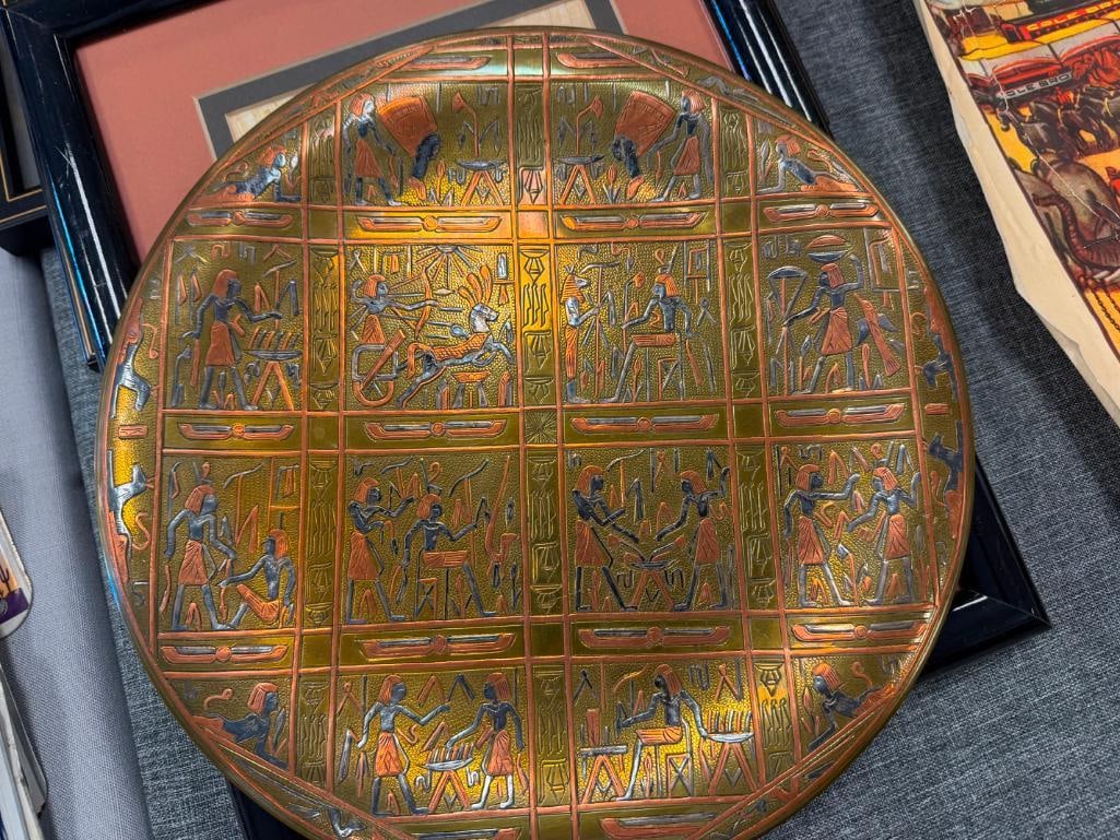 FOUR DEGYPTIAN THEMED COLLECTIBLES INCLUDING THREE PAPYRUS ART PIECES AND BRASS HIEROGLYPH PLATE - 4