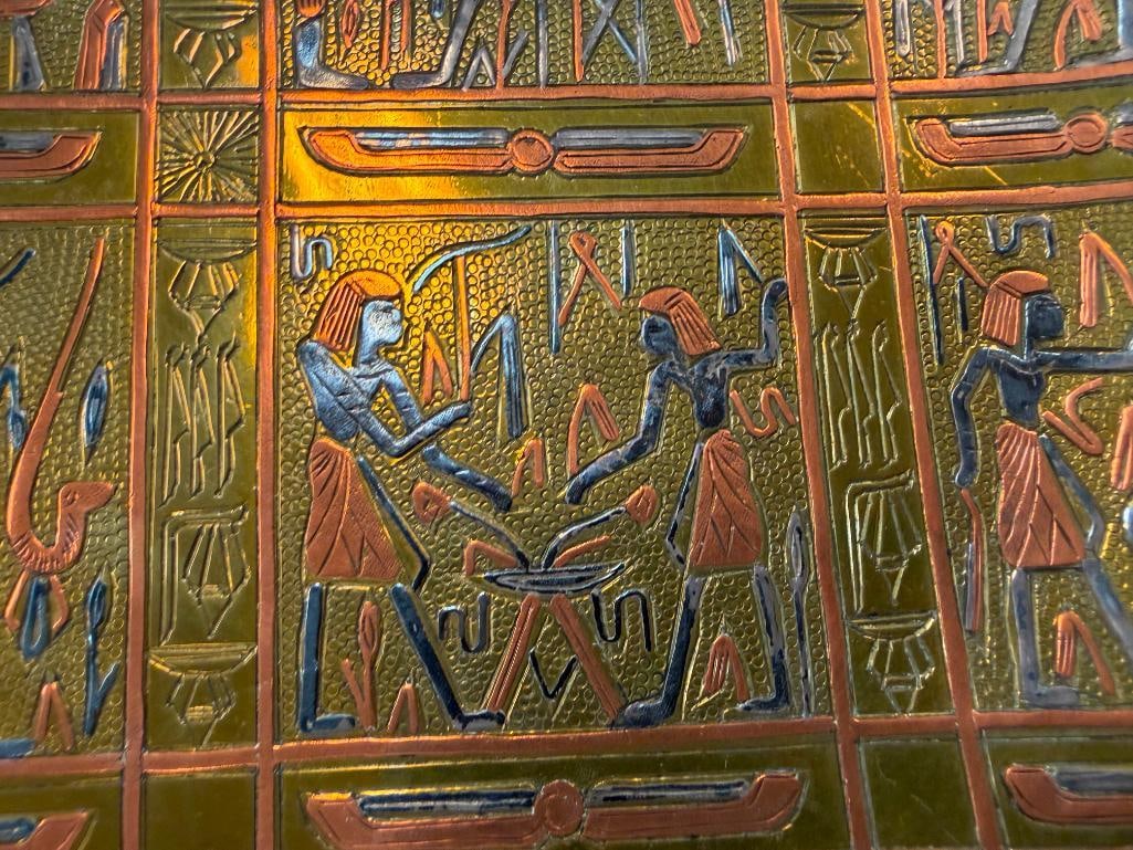 FOUR DEGYPTIAN THEMED COLLECTIBLES INCLUDING THREE PAPYRUS ART PIECES AND BRASS HIEROGLYPH PLATE - 5