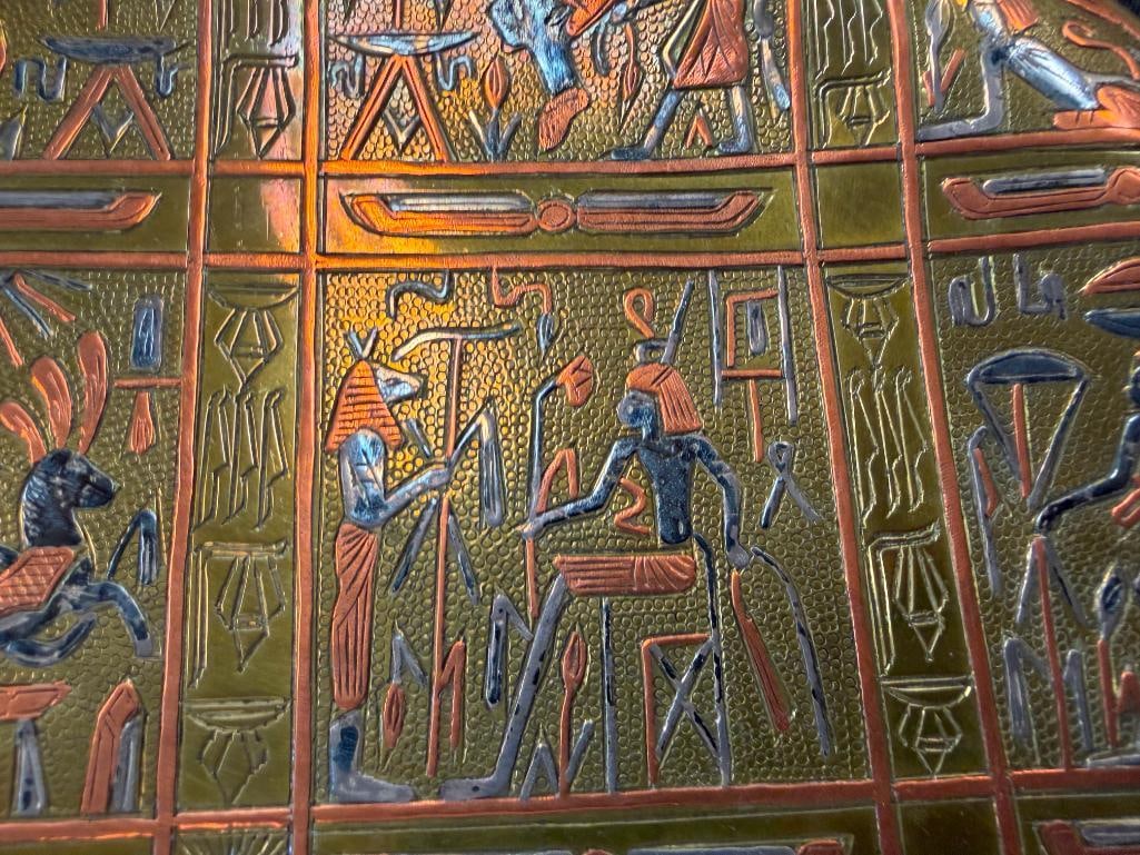 FOUR DEGYPTIAN THEMED COLLECTIBLES INCLUDING THREE PAPYRUS ART PIECES AND BRASS HIEROGLYPH PLATE - 6
