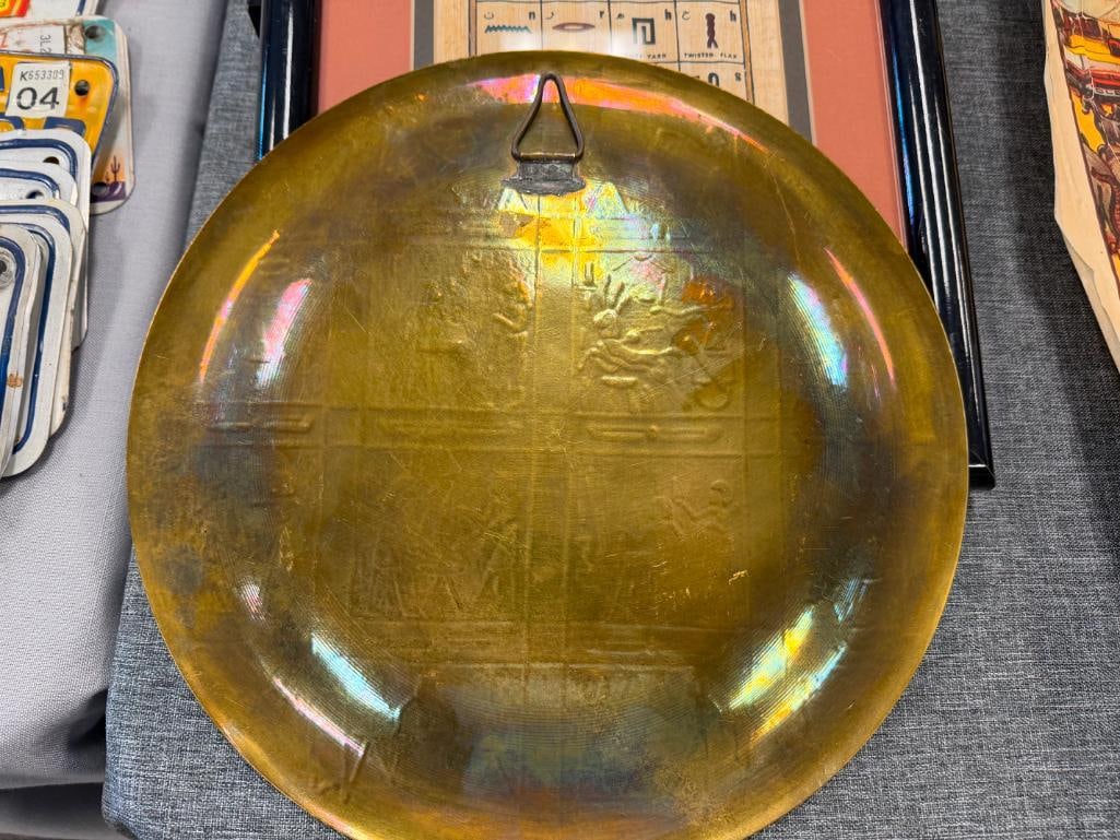 FOUR DEGYPTIAN THEMED COLLECTIBLES INCLUDING THREE PAPYRUS ART PIECES AND BRASS HIEROGLYPH PLATE - 8